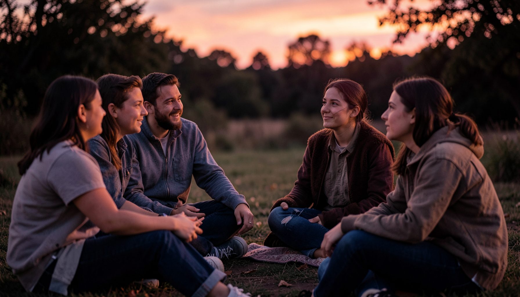 Young people sitting together outdoors in a circle at dusk, warm amber and deep purple tones, an atmosphere of thoughtful conversation and shared purpose