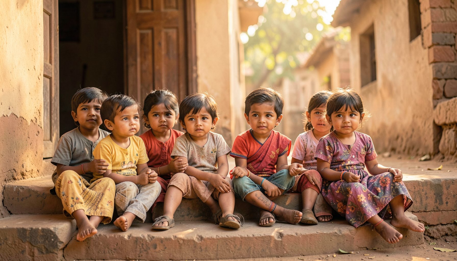 A group of young Indian children sitting together on the steps of a modest village school, sunlight warming the scene in soft gold and earth tones, conveying hope and quiet determination.