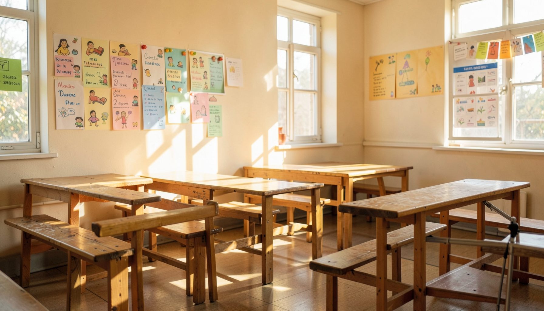 A sunlit classroom interior with wooden benches and colourful learning charts on pale walls, warm natural light streaming through windows, evoking a sense of possibility and care.