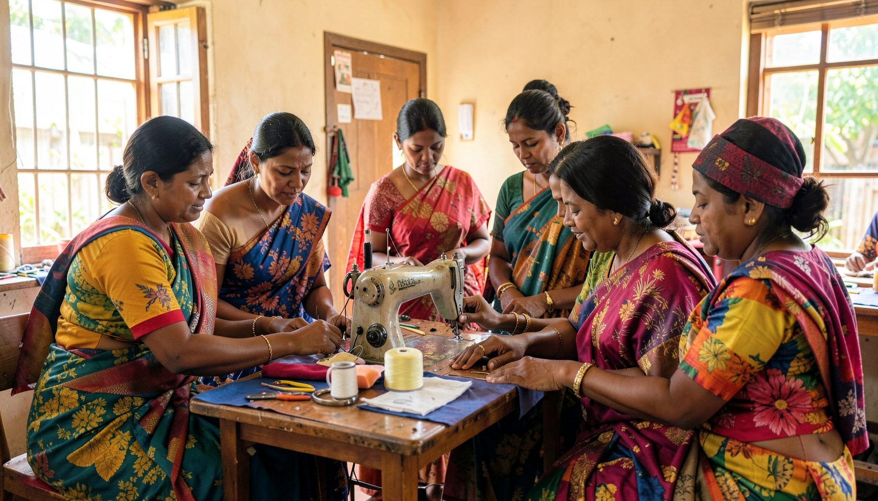 A group of women in colourful saris gathered around a sewing machine in a sunlit community room, learning dress-making with focused, hopeful expressions.